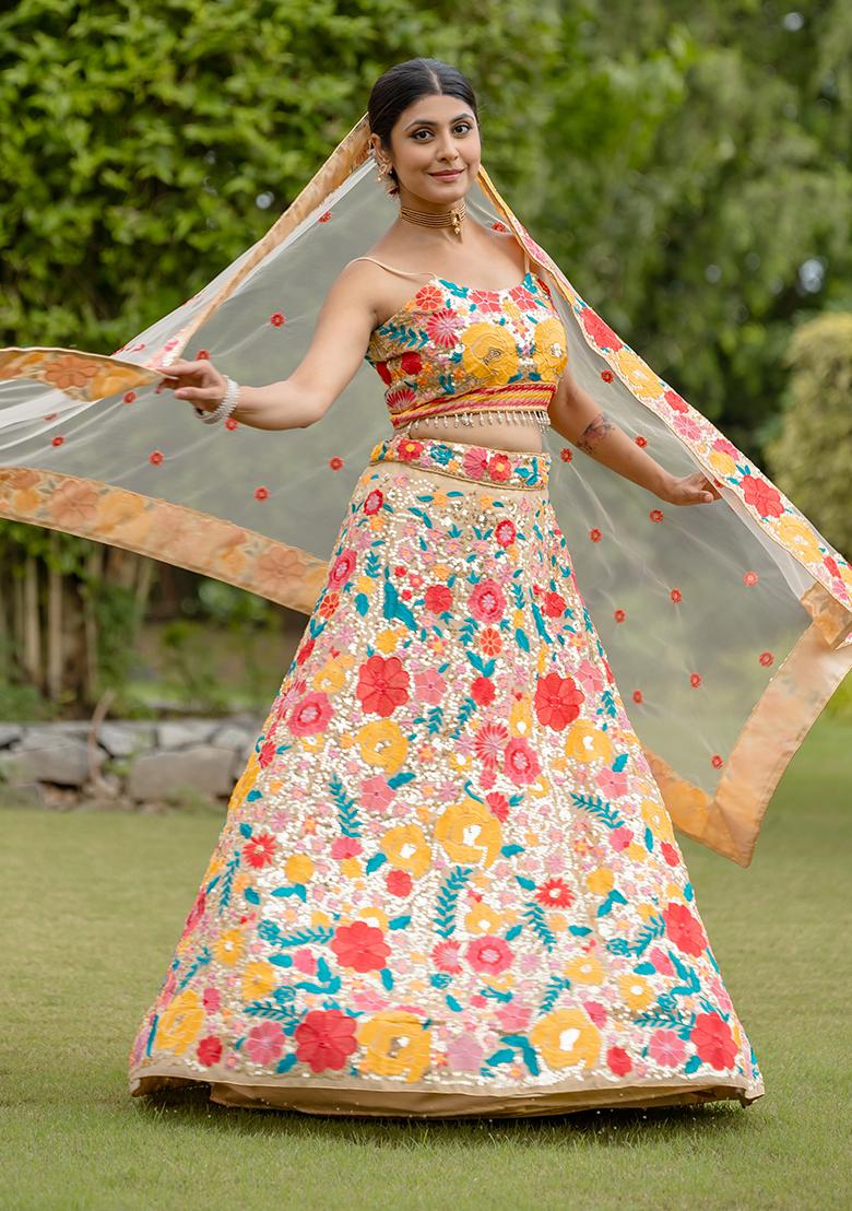 Multicolor Thread Sequin Embroidered Georgette Lehenga Set