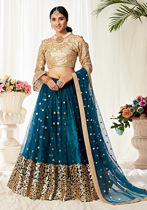 Morepeach Sequin Thread Embroidered Soft Net Lehenga Set