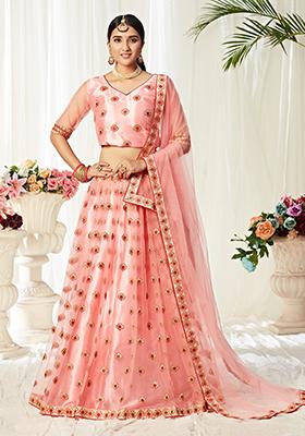 Peach Sequin Thread Embroidered Soft Net Lehenga Set
