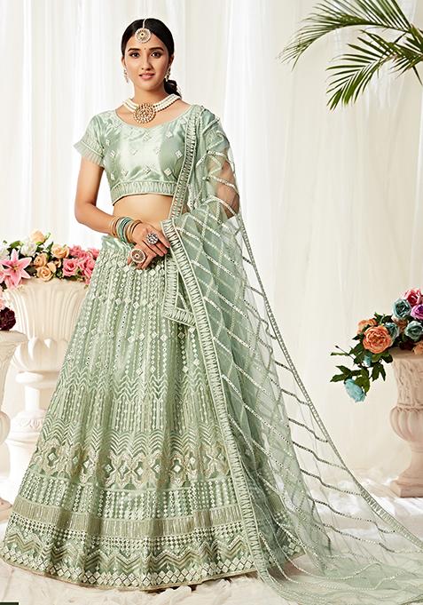 Pista Sequin Mirror Embroidered Soft Net Lehenga Set