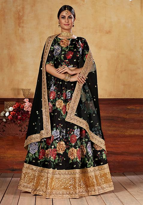 Black Floral Print Sequin Embroidered Banglori Satin Lehenga Set