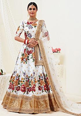 White Floral Print Sequin Embroidered Banglori Satin Lehenga Set