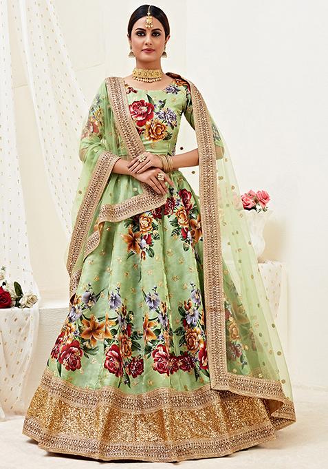 Pista Green Floral Print Sequin Embroidered Banglori Satin Lehenga Set