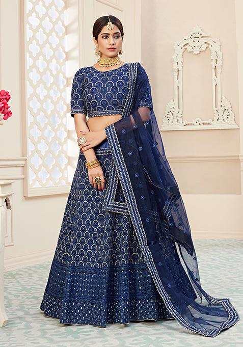 Navy Blue Sequin Thread Embroidered Net Lehenga Set