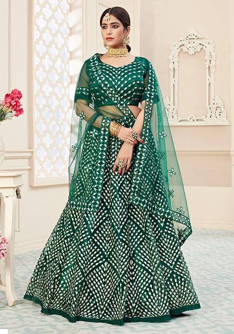 Green Thread Embroidered Net Lehenga Set