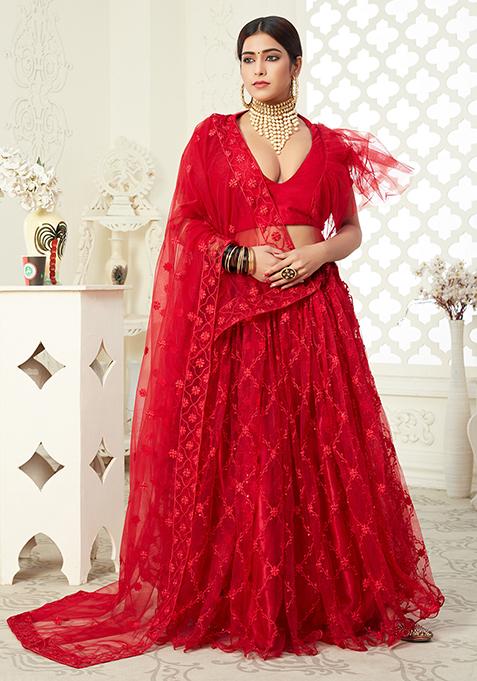 Red Thread Embroidered Net Lehenga Set