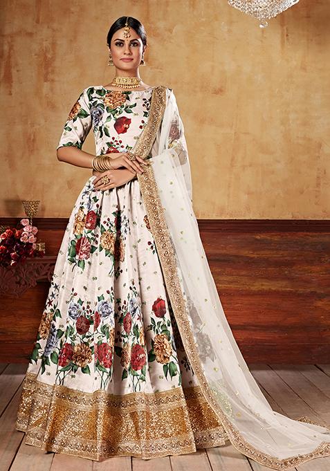 Cream  Digital Print Sequin Embroidered Fine Art Silk Lehenga Set