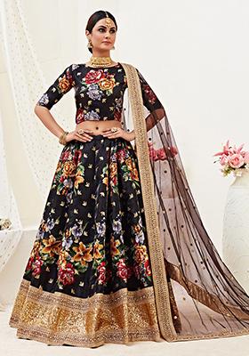 Black&nbsp; Digital Print Sequin Embroidered Fine Art Silk Lehenga Set