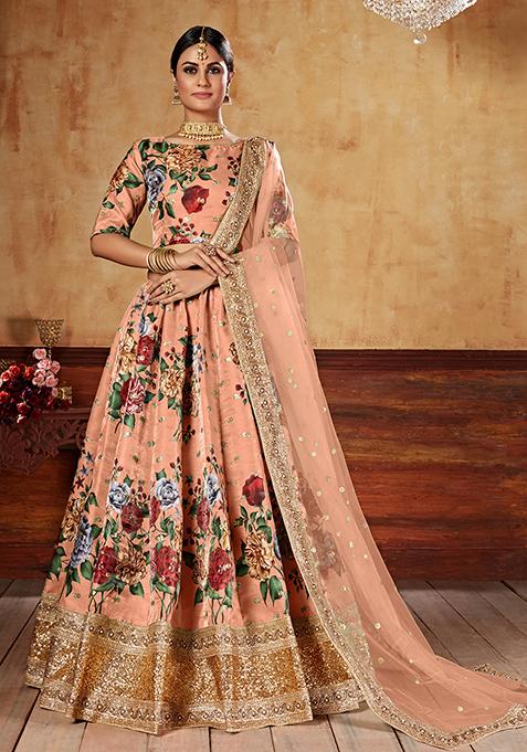 Orange  Digital Print Sequin Embroidered Fine Art Silk Lehenga Set