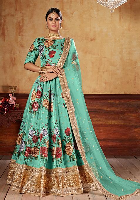 Green Digital Print Sequin Embroidered Fine Art Silk Lehenga Set