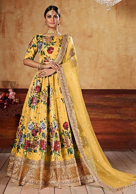 Yellow Digital Print Sequin Embroidered Fine Art Silk Lehenga Set