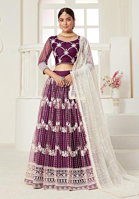 Wine Embroidered Net Lehenga Set