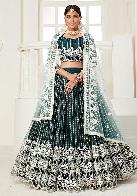 Green Embroidered Net Lehenga Set