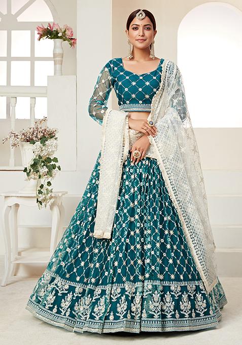 Teal Green Embroidered Net Lehenga Set