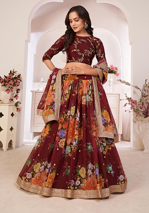 Maroon Digital Print Sequin Embroidered Georgette Lehenga Set