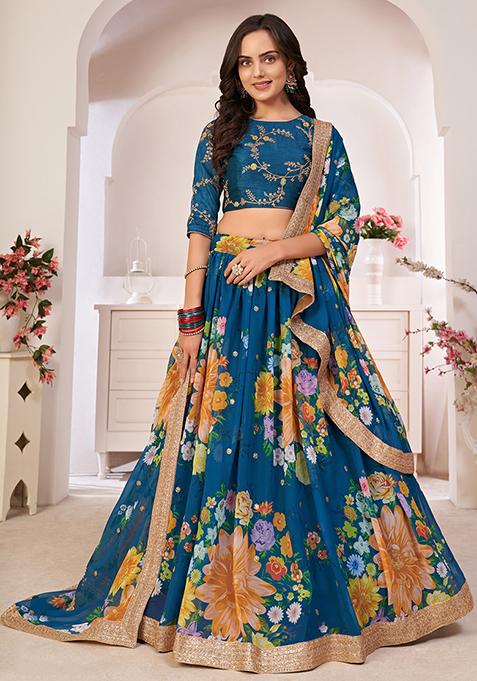 Rama Blue Digital Print Sequin Embroidered Georgette Lehenga Set