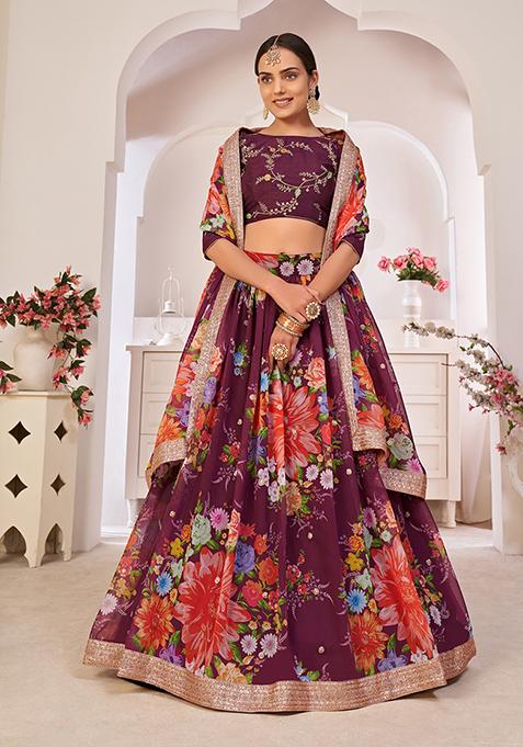 Wine Digital Print Sequin Embroidered Georgette Lehenga Set