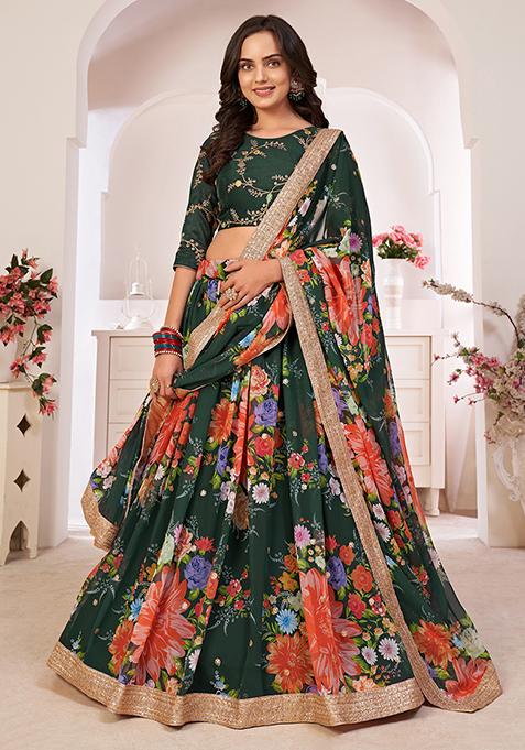 Green Digital Print Sequin Embroidered Georgette Lehenga Set