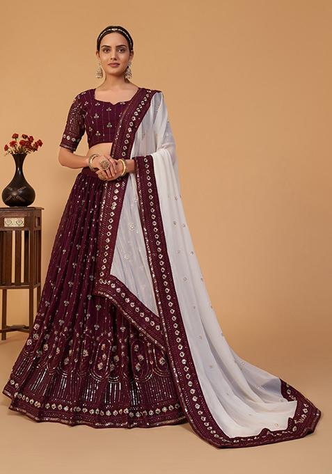 Plum Thread Sequin Embroidered Georgette Lehenga Set