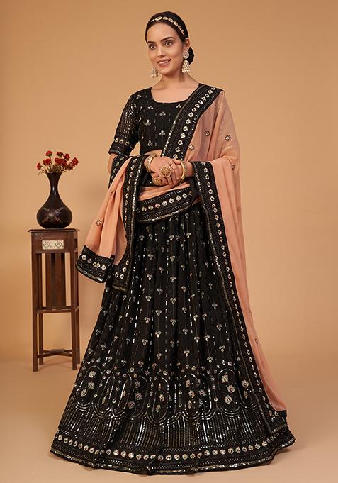 Black Thread Sequin Embroidered Georgette Lehenga Set