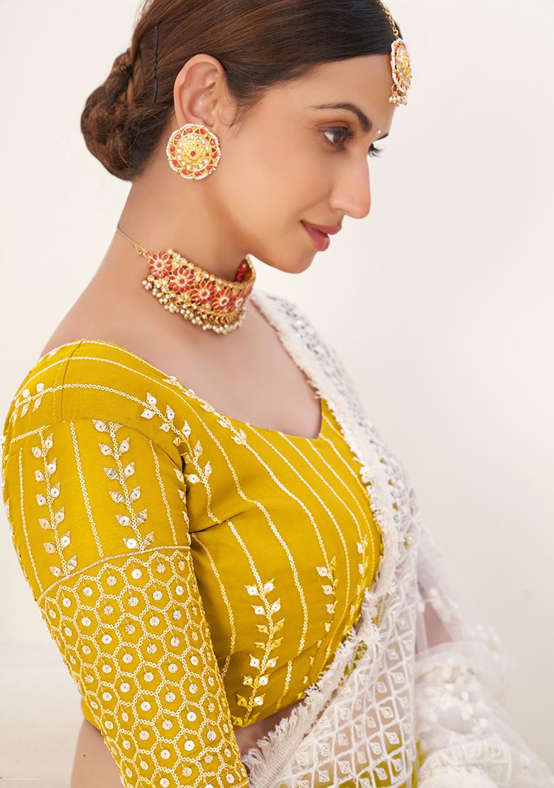 Mustard Sequin Embroidered Georgette Lehenga Set - Indya