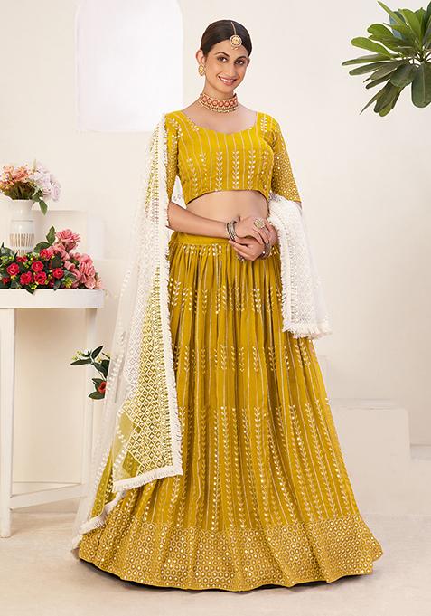 Mustard Sequin Embroidered Georgette Lehenga Set