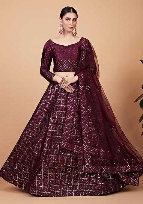 Wine Thread Sequin Embroidered Heavy Tebi Silk Lehenga Set