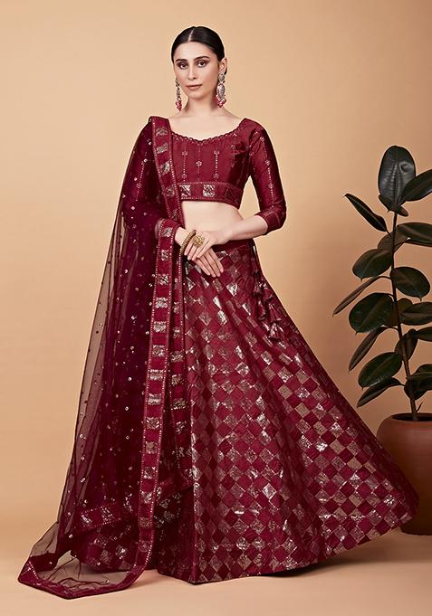 Cherry Red Thread Sequin Embroidered Heavy Tebi Silk Lehenga Set