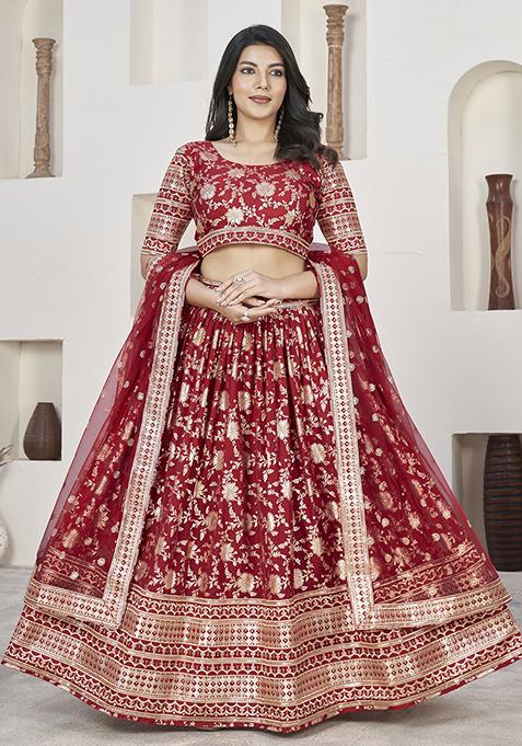 Red Zari Sequin Embroidered Dola Jacquard Lehenga Set