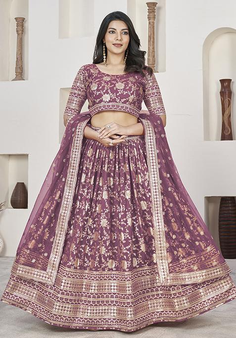 Rosy Brown Zari Sequin Embroidered Dola Jacquard Lehenga Set