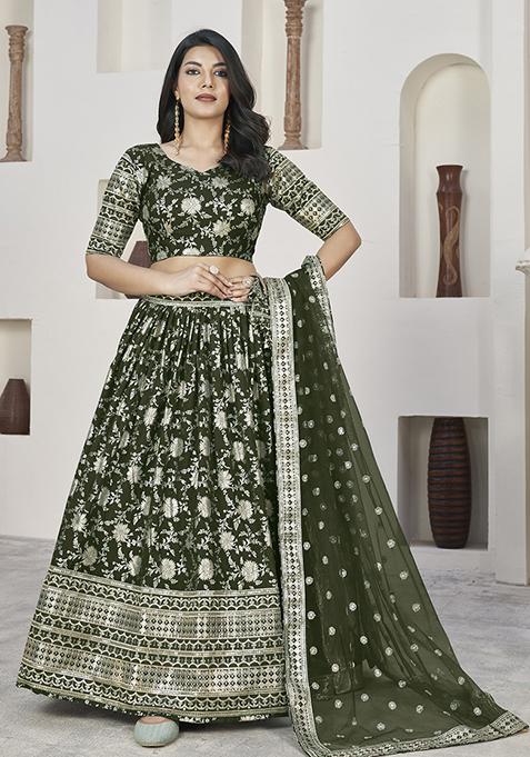 Mehendi Zari Sequin Embroidered Dola Jacquard Lehenga Set