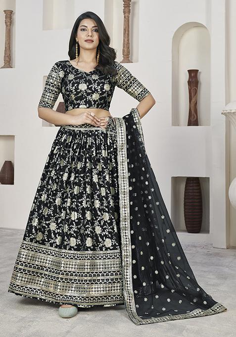 Black Zari Sequin Embroidered Dola Jacquard Lehenga Set