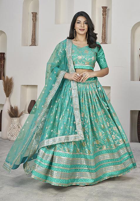 Sea Green Zari Sequin Embroidered Dola Jacquard Lehenga Set