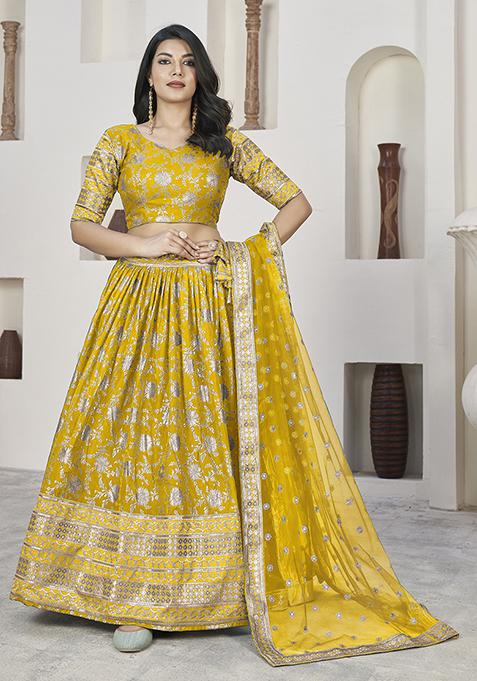 Yellow Zari Sequin Embroidered Dola Jacquard Lehenga Set