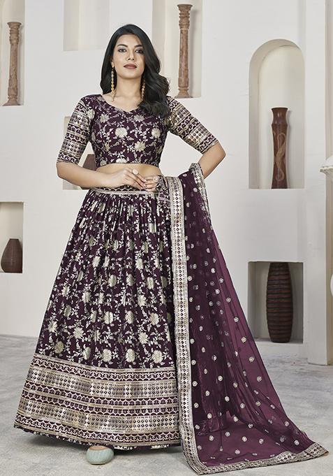 Wine Zari Sequin Embroidered Dola Jacquard Lehenga Set