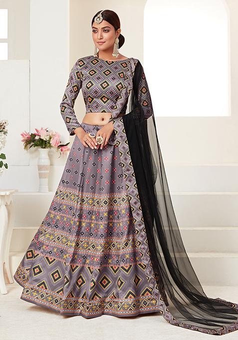 Light Violet Printed Ajmeri Silk Lehenga Set