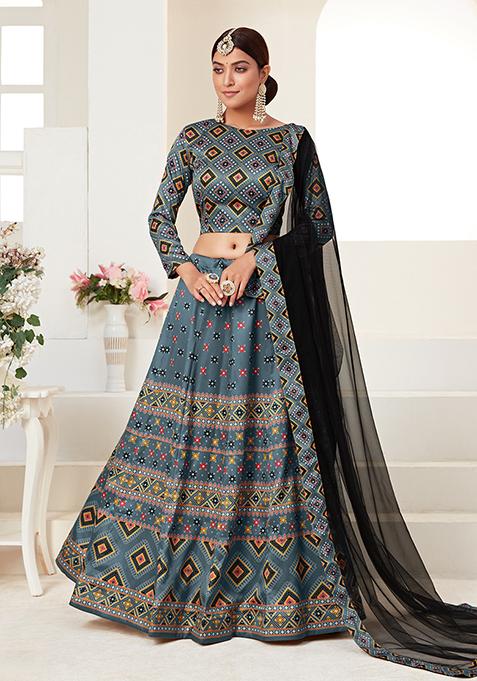 Navy Blue Printed Ajmeri Silk Lehenga Set