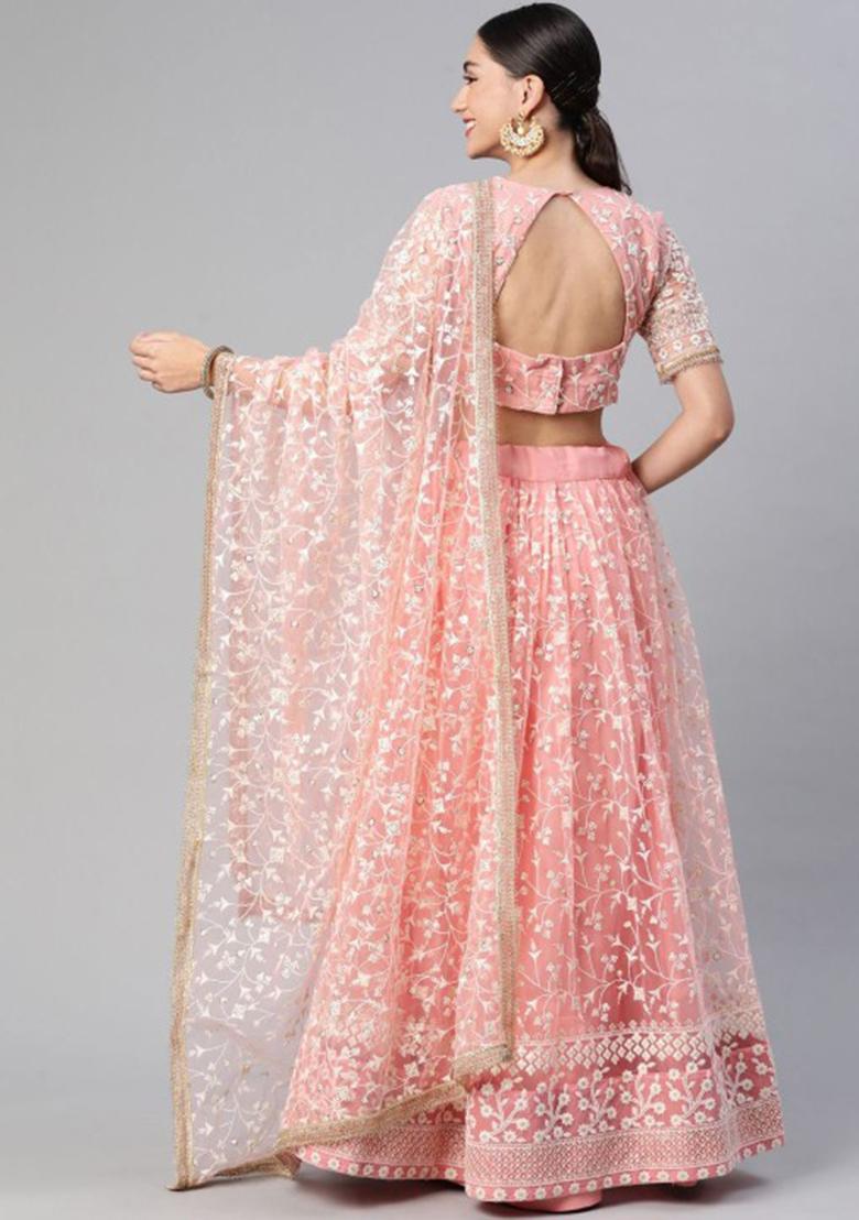 Light Pink Zari Thread Embroidered Net Lehenga Set - Indya