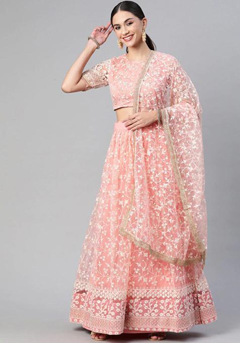 Light Pink Zari Thread Embroidered Net Lehenga Set