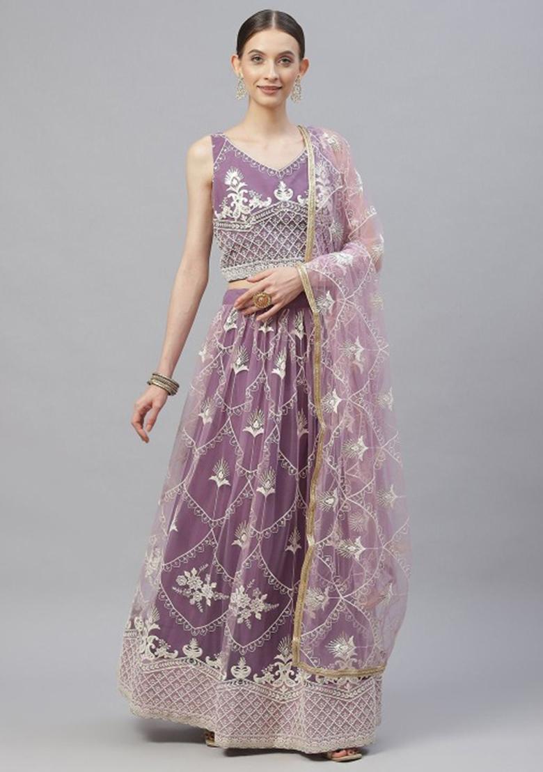 Lavender Thread Embroidered Net Lehenga Set