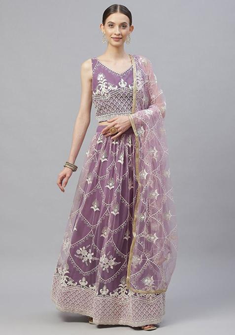 Lavender Thread Embroidered Net Lehenga Set