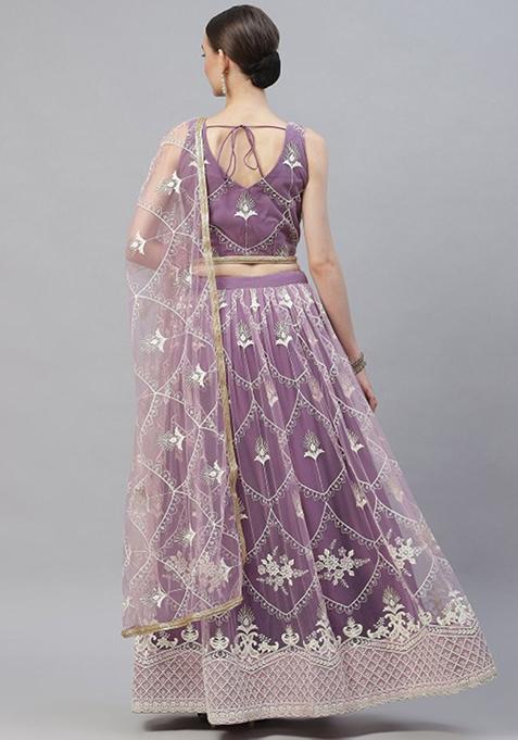 Lavender Thread Embroidered Net Lehenga Set