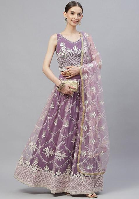 Lavender Thread Embroidered Net Lehenga Set