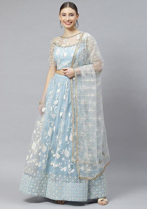 Sky Blue Zari Thread Embroidered Net Lehenga Set