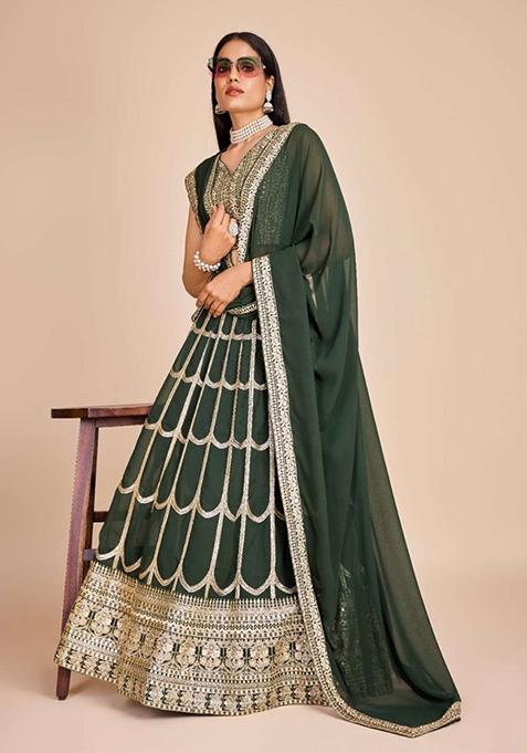 Green Sequin Thread Embroidered Faux Georgette Lehenga Set