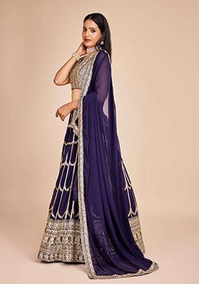 Purple Sequin Thread Embroidered Faux Georgette Lehenga Set