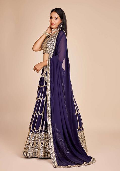 Purple Sequin Thread Embroidered Faux Georgette Lehenga Set