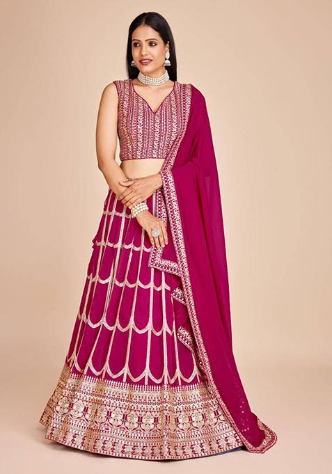 Pink Sequin Thread Embroidered Faux Georgette Lehenga Set