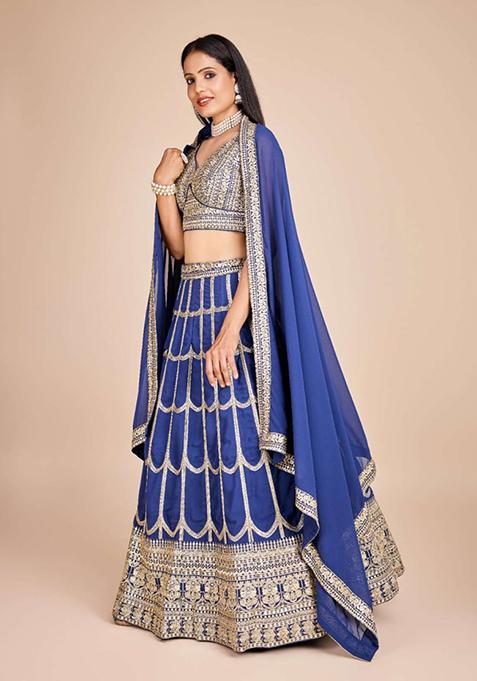 Blue Sequin Thread Embroidered Faux Georgette Lehenga Set