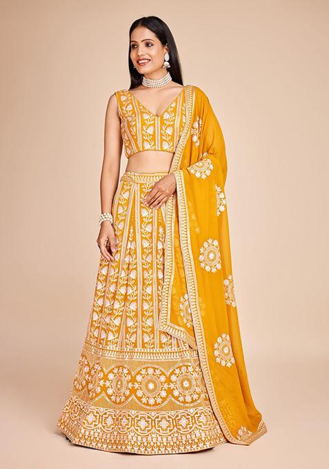 Yellow Sequin Thread Embroidered Faux Georgette Lehenga Set